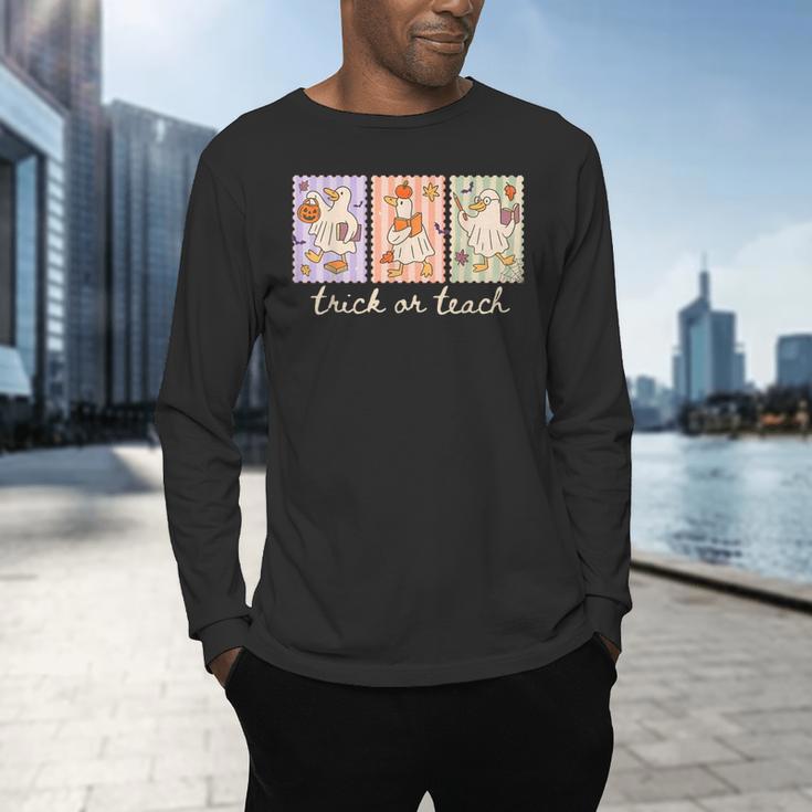 Preppy Goose Teacher Trick Or Teach Halloween Teacher Goose Men's Long Sleeve T-Shirt, gift for family, gift for coworker Preppy Goose Teacher Trick Or Teach Halloween Teacher Goose Men's Long Sleeve T-Shirt, gift for family, gift for coworker