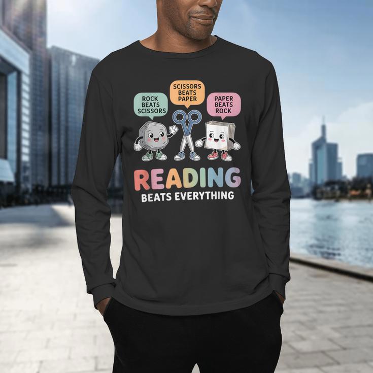 Reading Beats Everything Teacher Rock Paper Scissors Men's Long Sleeve T-Shirt, gift for family, gift for coworker Reading Beats Everything Teacher Rock Paper Scissors Men's Long Sleeve T-Shirt, gift for family, gift for coworker