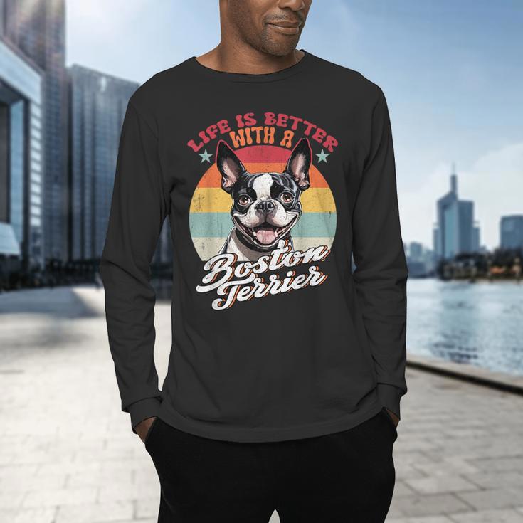 Retro Life Is Better With Boston Terrier Mom Dog Lover Men's Long Sleeve T-Shirt, gift for family, gift for coworker