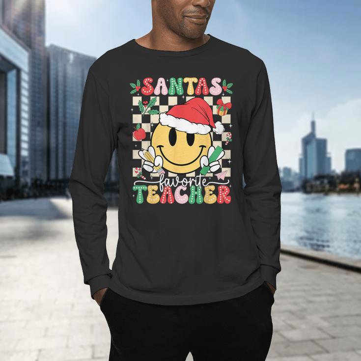 Santas Favorite Teacher Retro Groovy Smile Face Christmas Men's Long Sleeve T-Shirt, gift for family, gift for coworker Santas Favorite Teacher Retro Groovy Smile Face Christmas Men's Long Sleeve T-Shirt, gift for family, gift for coworker