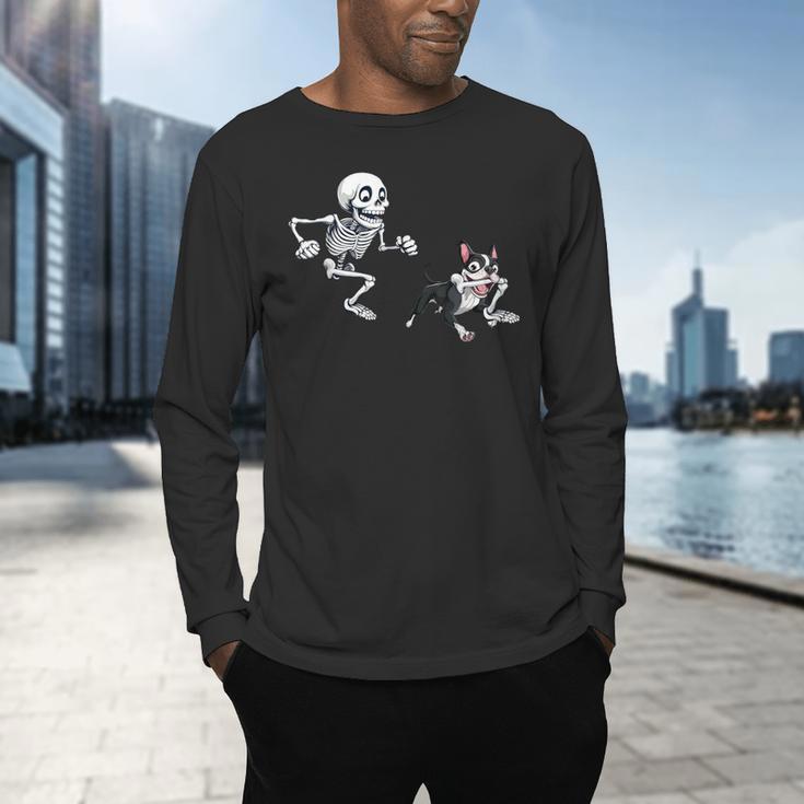 Skeleton Chasing Dog Boston Terrier Halloween Pet Lover Men's Long Sleeve T-Shirt, gift for family, gift for coworker