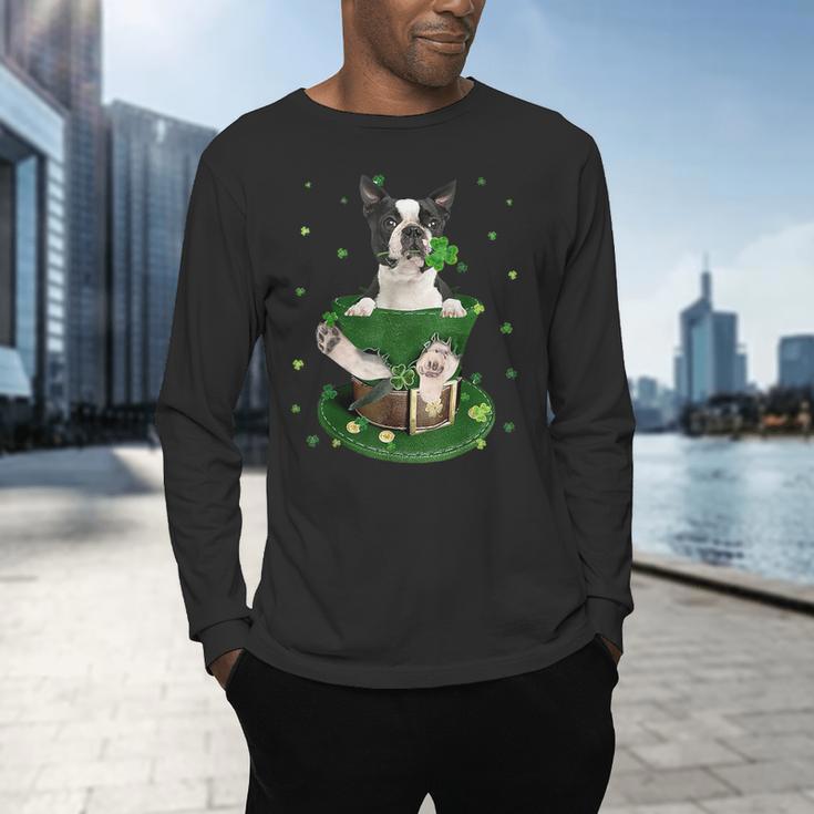 St Patrick's Day Leprechaun Boston Terrier Dog Shamrock For Men Women Kids Men's Long Sleeve T-Shirt, gift for family, gift for coworker