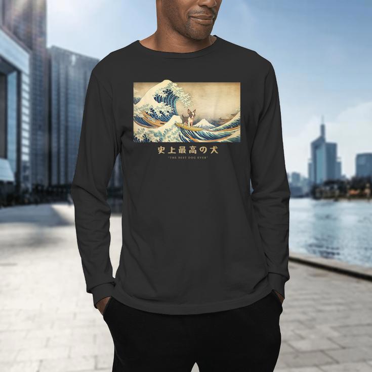 Surfing Boston Terrier Kanagawa Wave Japanese Dog For Men Women Kids Men's Long Sleeve T-Shirt, gift for family, gift for coworker