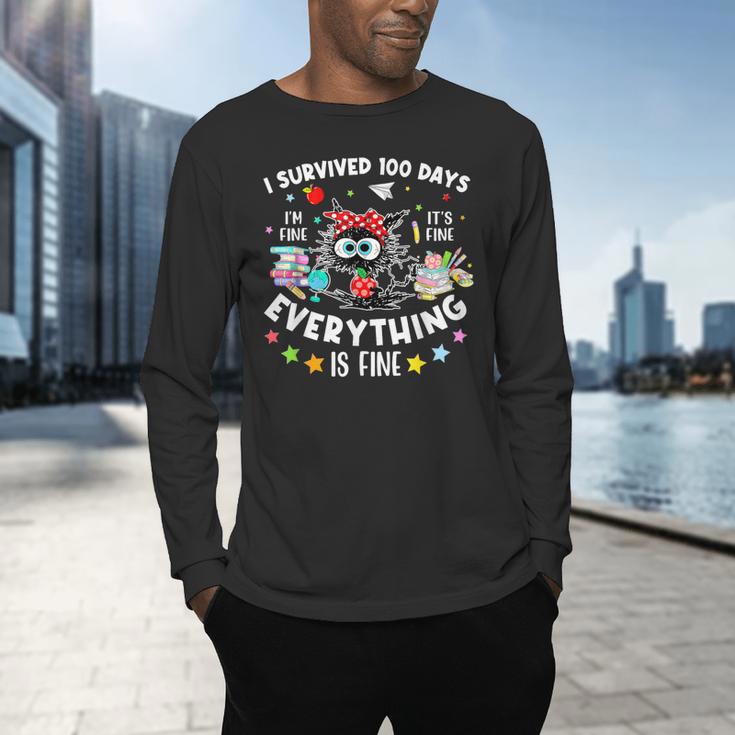 I Survived 100 Days Of School Teacher Kids Cat Lover Men's Long Sleeve T-Shirt, gift for family, gift for coworker I Survived 100 Days Of School Teacher Kids Cat Lover Men's Long Sleeve T-Shirt, gift for family, gift for coworker