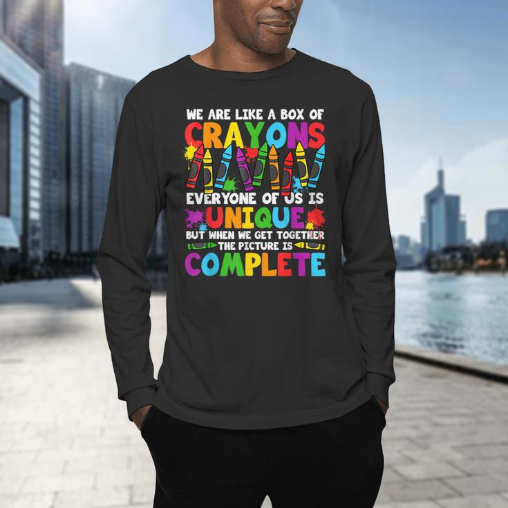 Teacher We Are Like A Box Of Crayons Back To School Men's Long Sleeve T-Shirt, gift for family, gift for coworker