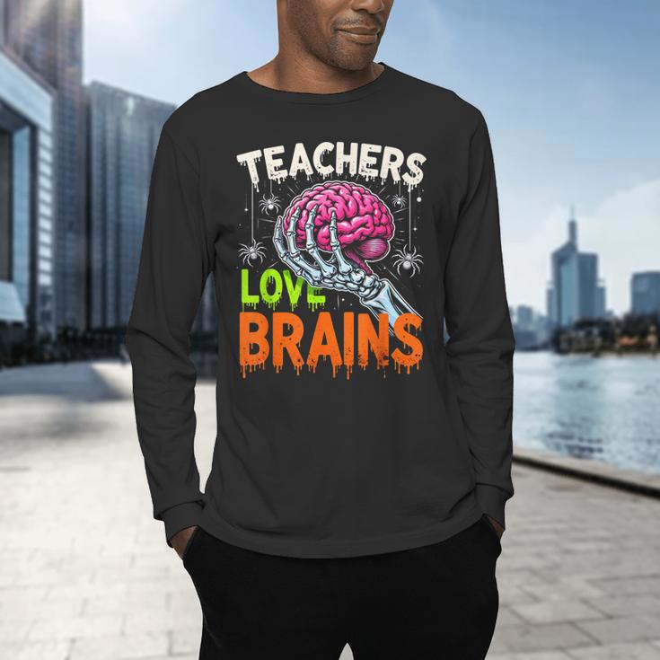 Teachers Love Brains Halloween 2025 Skeleton Costume Men's Long Sleeve T-Shirt, gift for family, gift for coworker Teachers Love Brains Halloween 2025 Skeleton Costume Men's Long Sleeve T-Shirt, gift for family, gift for coworker