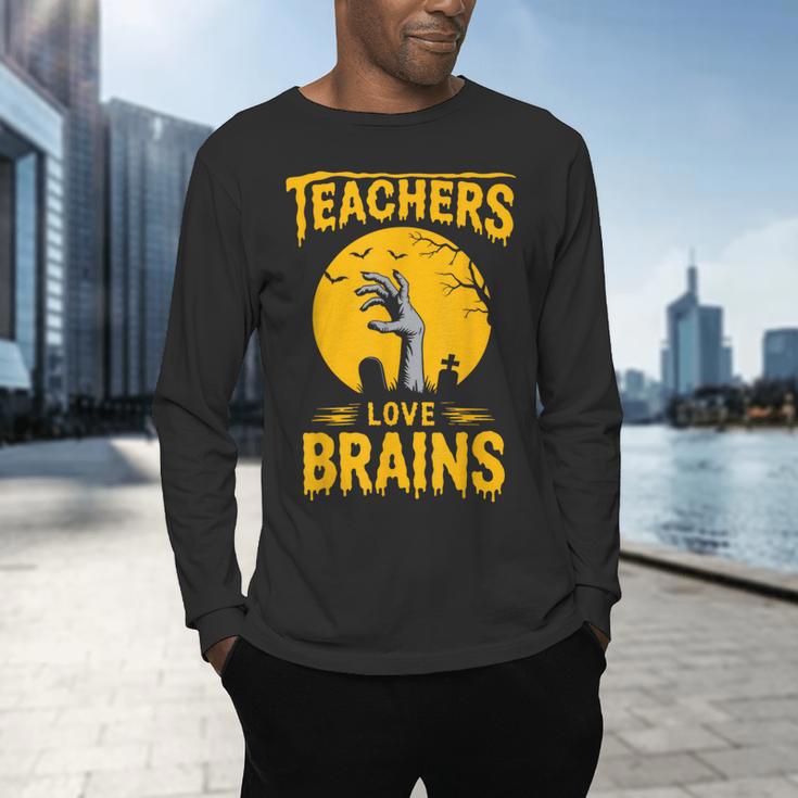 Teachers Love Brains Shirt Men Women Halloween Teacher Men's Long Sleeve T-Shirt, gift for family, gift for coworker
