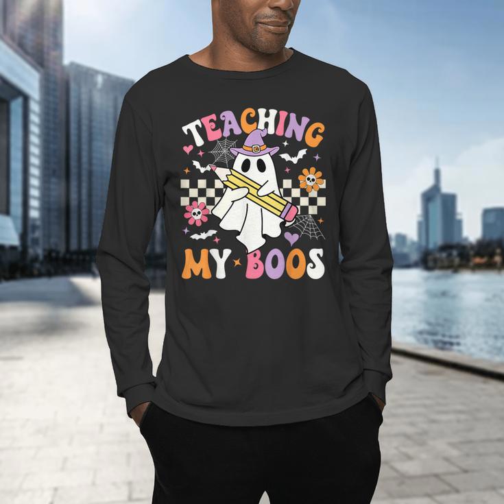 Teaching My Boos Ghost Teacher Cute Groovy Halloween Teacher Men's Long Sleeve T-Shirt, gift for family, gift for coworker