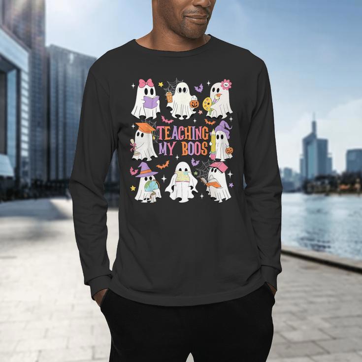Teaching My Boos Teacher Cute Ghost Groovy Teacher Halloween Men's Long Sleeve T-Shirt, gift for family, gift for coworker