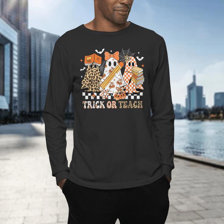Trick Or Teach Groovy Teacher Halloween Floral Ghost Men's Long Sleeve T-Shirt, gift for family, gift for coworker