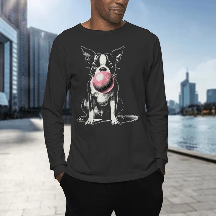 Vintage Boston Terrier Blowing Bubble Gum American Gentleman Men's Long Sleeve T-Shirt, gift for family, gift for coworker