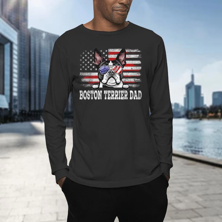 Vintage Boston Terrier Dad American Flag Father's Day Men's Long Sleeve T-Shirt, gift for family, gift for coworker