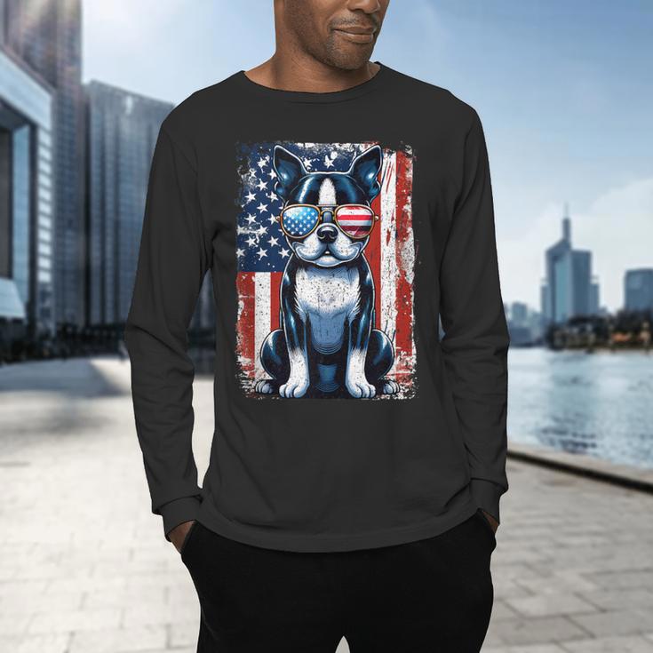 Vintage Boston Terrier Dog American USA US Flag Pets Lovers Tank Top Men's Long Sleeve T-Shirt, gift for family, gift for coworker