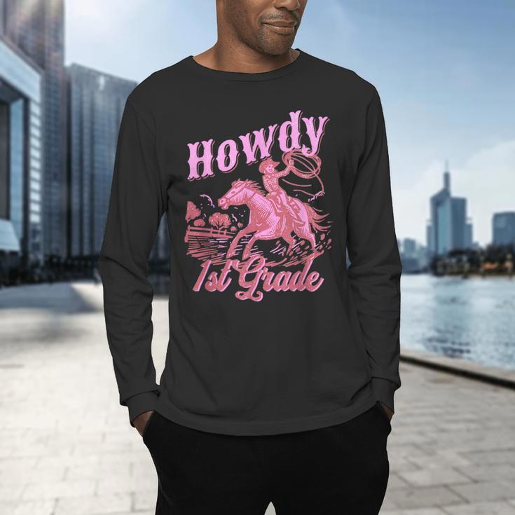 Vintage Howdy First Grade Cowgirl Teacher Western School Men's Long Sleeve T-Shirt, gift for family, gift for coworker