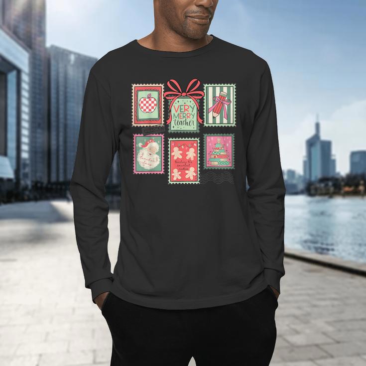 Vintage Preppy Very Merry Teacher Santa Stamps Christmas Men's Long Sleeve T-Shirt, gift for family, gift for coworker Vintage Preppy Very Merry Teacher Santa Stamps Christmas Men's Long Sleeve T-Shirt, gift for family, gift for coworker