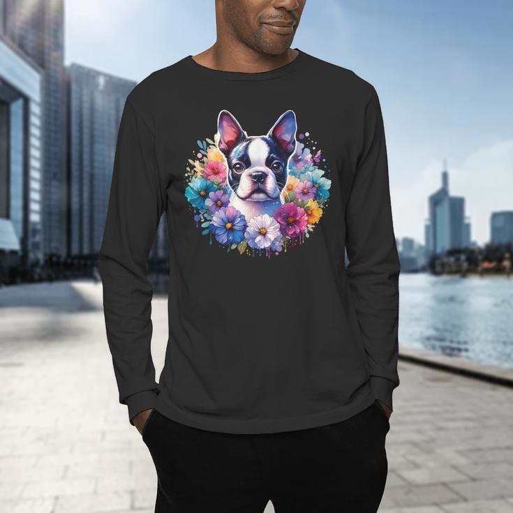 Watercolor Floral Boston Terrier Mama Dog Lover Mother's Day Men's Long Sleeve T-Shirt, gift for family, gift for coworker
