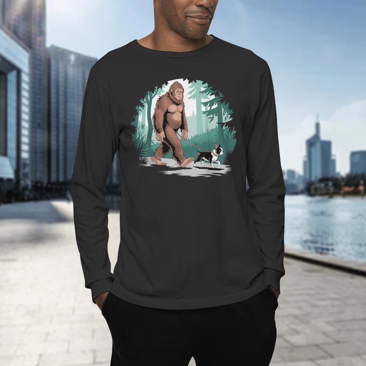 Whimsical Forest Adventures Sasquatch Bigfoot Walking Boston Terrier Dog Lovers Men's Long Sleeve T-Shirt, gift for family, gift for coworker