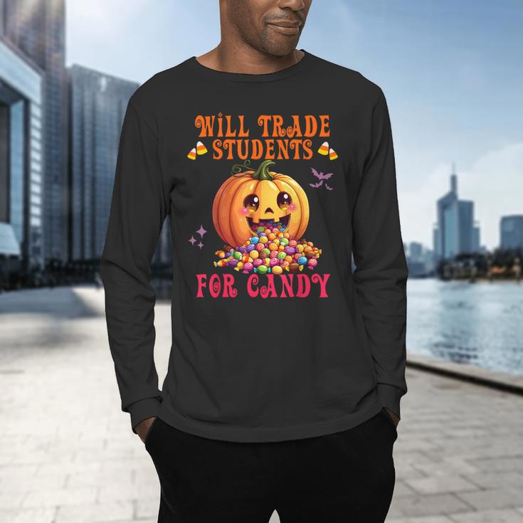Will Trade Students For Candy Teacher Cute Halloween Pumpkin Men's Long Sleeve T-Shirt, gift for family, gift for coworker Will Trade Students For Candy Teacher Cute Halloween Pumpkin Men's Long Sleeve T-Shirt, gift for family, gift for coworker