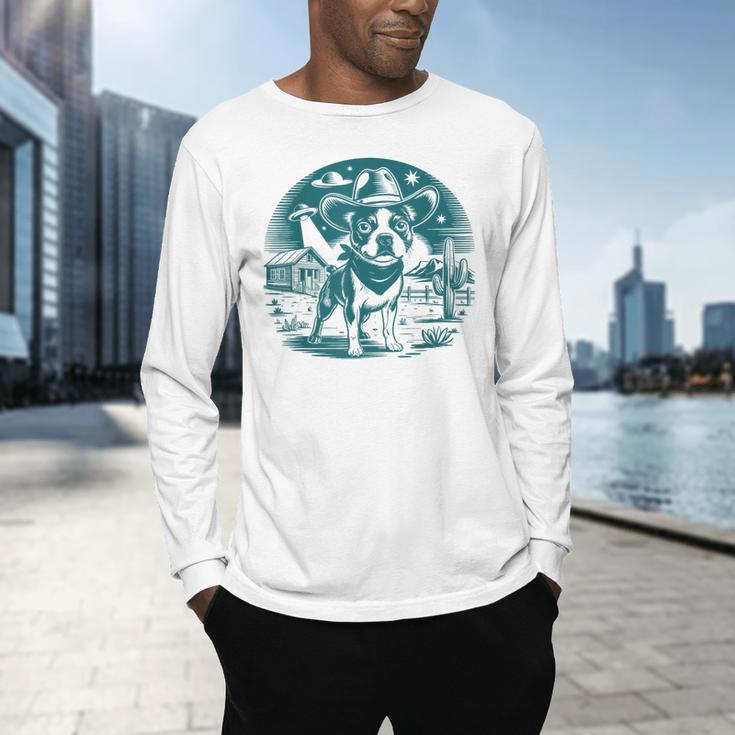Boston Terrier Cowboy UFO Shirt Vintage Western Dog Mom Tee Men's Long Sleeve T-Shirt, gift for family, gift for coworker