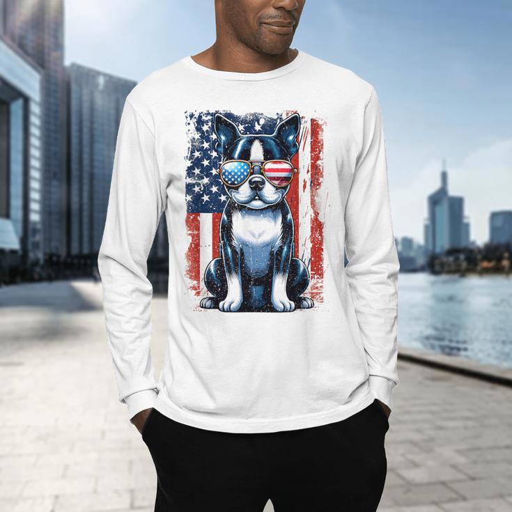Boston Terrier Dog American USA US Flag Pets Vintage Outfit Men's Long Sleeve T-Shirt, gift for family, gift for coworker
