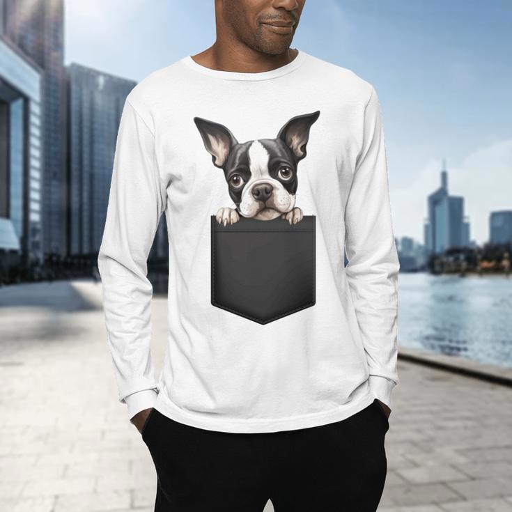 Boston Terrier Dog Puppy Dog In Pocket Cute Pet Lover Men's Long Sleeve T-Shirt, gift for family, gift for coworker