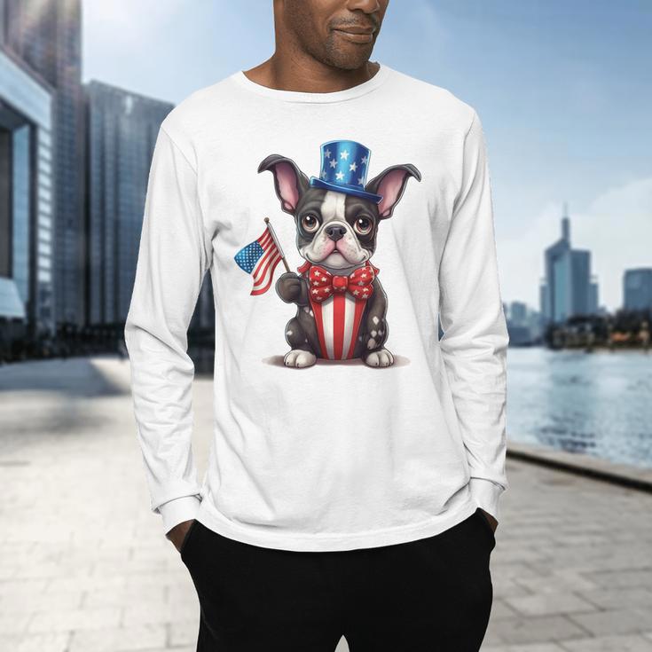 Boston Terrier Puppy Dog Holds His American Flag 4th Of July Men's Long Sleeve T-Shirt, gift for family, gift for coworker