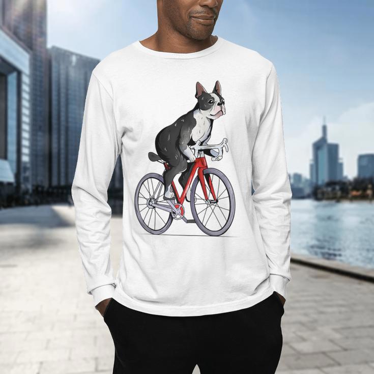 Boston Terrier Riding Bicycle Cute Bostie Biker Raglan Baseball Tee Men's Long Sleeve T-Shirt, gift for family, gift for coworker
