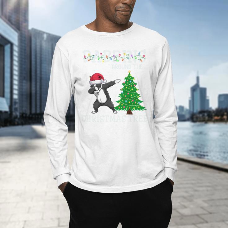 Boston Terrier Santa Hat Dabbing Around The Christmas Tree Men's Long Sleeve T-Shirt, gift for family, gift for coworker