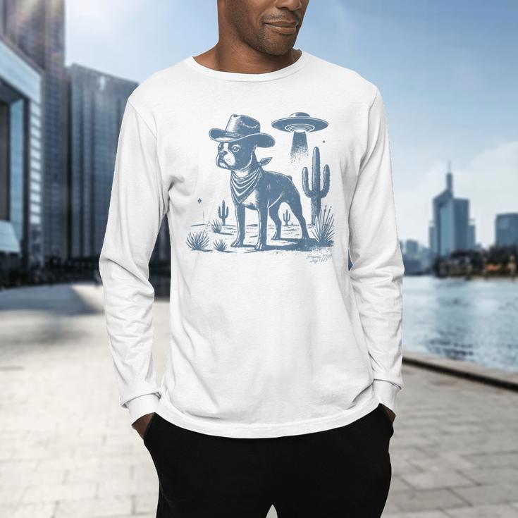 Boston Terrier UFO Cowboy Dog Dog Mom Dog Dad Alien Dog Men's Long Sleeve T-Shirt, gift for family, gift for coworker