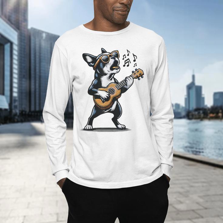 Dog Playing Guitar Singing Boston Terrier For Men Women Girls Kids Men's Long Sleeve T-Shirt, gift for family, gift for coworker