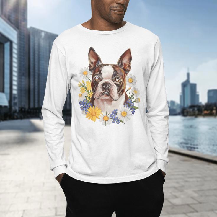 Floral Boston Terrier Men's Long Sleeve T-Shirt, gift for family, gift for coworker