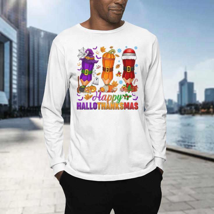 Happy Hallothanksmas Halloween Thanksgiving Pencils Teachers Men's Long Sleeve T-Shirt, gift for family, gift for coworker Happy Hallothanksmas Halloween Thanksgiving Pencils Teachers Men's Long Sleeve T-Shirt, gift for family, gift for coworker