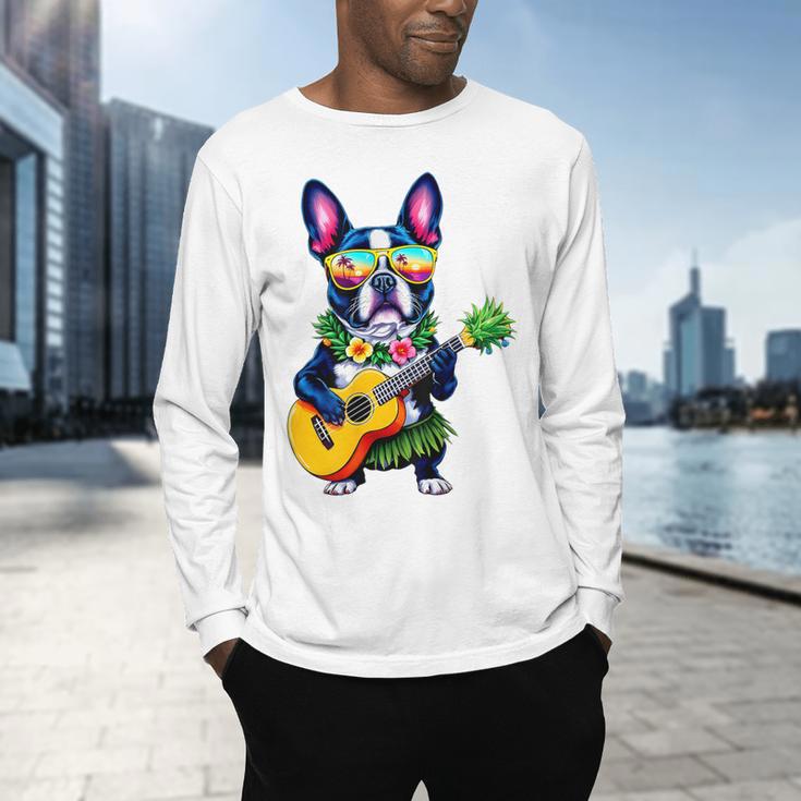 Hawaiian Boston Terrier & Pineapple Ukulele Summer Vacation Men's Long Sleeve T-Shirt, gift for family, gift for coworker