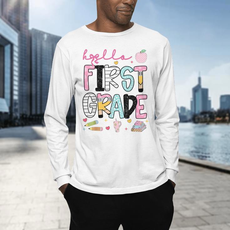 Hello First Grade Teacher Coquette Pencil Bow Back To School Men's Long Sleeve T-Shirt, gift for family, gift for coworker Hello First Grade Teacher Coquette Pencil Bow Back To School Men's Long Sleeve T-Shirt, gift for family, gift for coworker