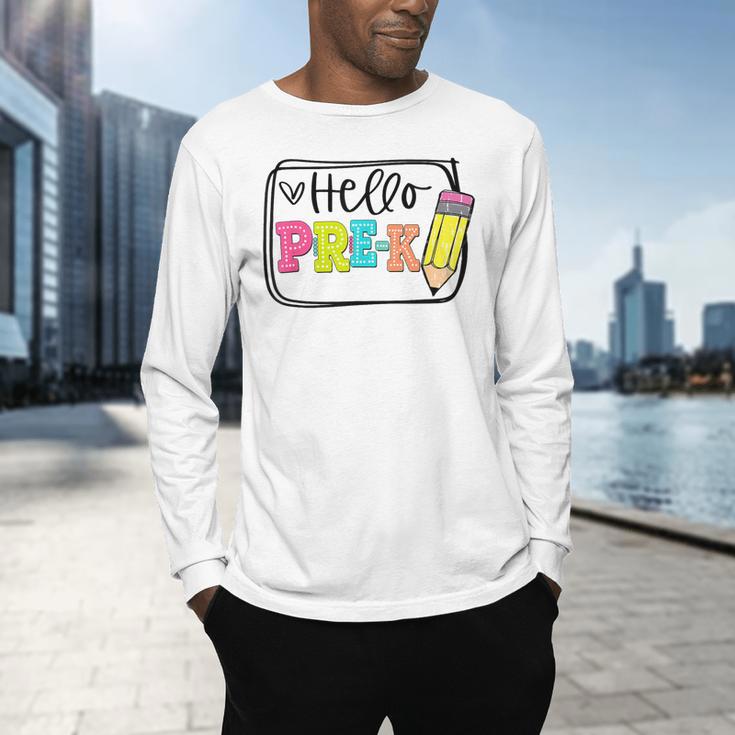 Hello Pre-K Team Preschool Teacher Kids Back To School Men's Long Sleeve T-Shirt, gift for family, gift for coworker