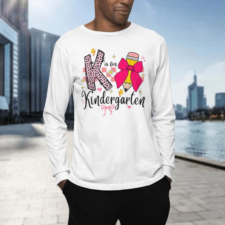K Is For Kindergarten Teacher Coquette Bow Back To School Men's Long Sleeve T-Shirt, gift for family, gift for coworker K Is For Kindergarten Teacher Coquette Bow Back To School Men's Long Sleeve T-Shirt, gift for family, gift for coworker