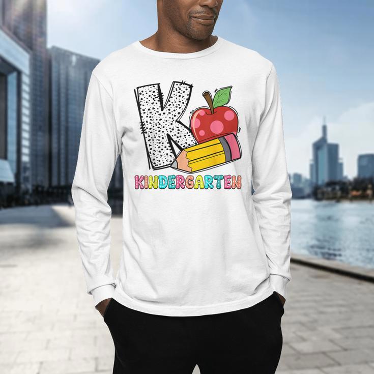 K Is For Kindergarten Teacher Pencil Apple Back To School Men's Long Sleeve T-Shirt, gift for family, gift for coworker K Is For Kindergarten Teacher Pencil Apple Back To School Men's Long Sleeve T-Shirt, gift for family, gift for coworker