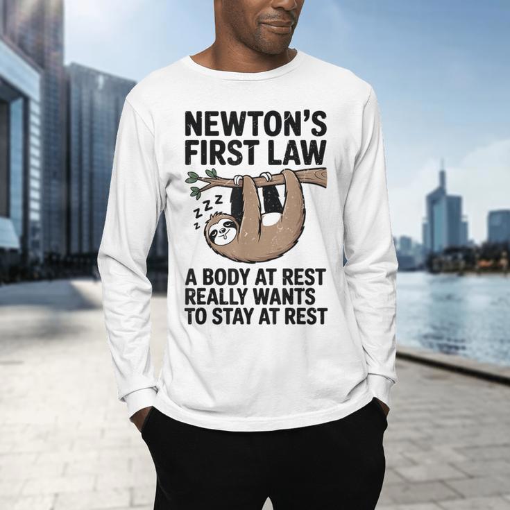 Newtons First Law Physics Jokes Science Teacher Men's Long Sleeve T-Shirt, gift for family, gift for coworker