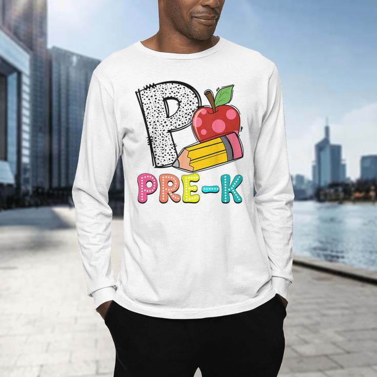P Is For Pre-K Teacher Pencil Apple Back To School Men's Long Sleeve T-Shirt, gift for family, gift for coworker P Is For Pre-K Teacher Pencil Apple Back To School Men's Long Sleeve T-Shirt, gift for family, gift for coworker