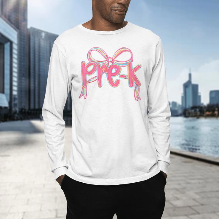 Preppy Pre k Back To School Pre-k Teachers Girls Cute Bow Men's Long Sleeve T-Shirt, gift for family, gift for coworker Preppy Pre k Back To School Pre-k Teachers Girls Cute Bow Men's Long Sleeve T-Shirt, gift for family, gift for coworker