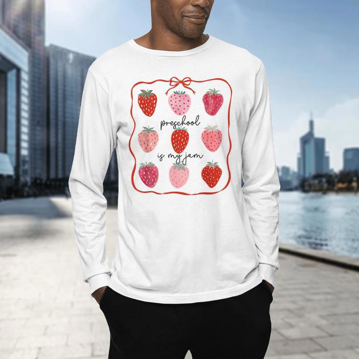 Preschool Is My Jam Strawberry Teacher First Day Of School Men's Long Sleeve T-Shirt, gift for family, gift for coworker Preschool Is My Jam Strawberry Teacher First Day Of School Men's Long Sleeve T-Shirt, gift for family, gift for coworker