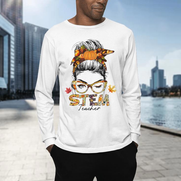 STEM Teacher Messy Bun Fall Vibes Autumn Thanksgiving Men Women Men's Long Sleeve T-Shirt, gift for family, gift for coworker STEM Teacher Messy Bun Fall Vibes Autumn Thanksgiving Men Women Men's Long Sleeve T-Shirt, gift for family, gift for coworker