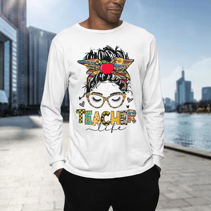 Teacher Life Messy Bun Glasses Leopard Sunflower Men's Long Sleeve T-Shirt, gift for family, gift for coworker Teacher Life Messy Bun Glasses Leopard Sunflower Men's Long Sleeve T-Shirt, gift for family, gift for coworker
