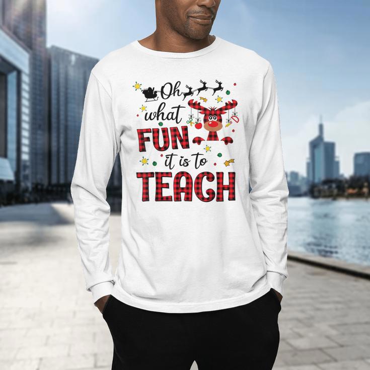 Teachers Oh What Fun It Is To Teach Cute Red Plaid Reindeer Men's Long Sleeve T-Shirt, gift for family, gift for coworker Teachers Oh What Fun It Is To Teach Cute Red Plaid Reindeer Men's Long Sleeve T-Shirt, gift for family, gift for coworker
