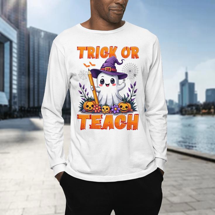 Trick Or Teach Teacher Halloween Ghost Pencil Floral Men's Long Sleeve T-Shirt, gift for family, gift for coworker