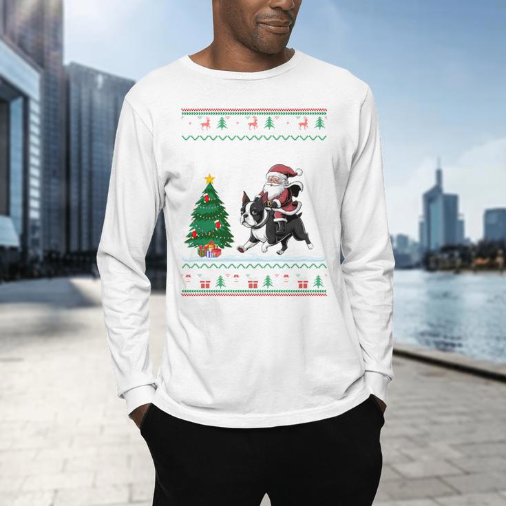 Ugly Christmas Tree Lights Xmas Santa Riding Boston Terrier Men's Long Sleeve T-Shirt, gift for family, gift for coworker