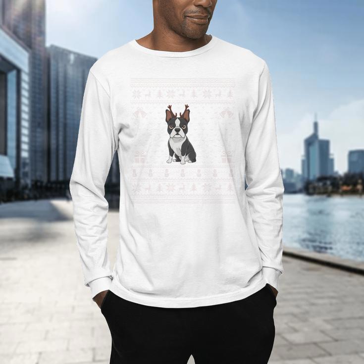 Ugly Xmas Sweater Style Boston Terrier Reindeer Christmas Men's Long Sleeve T-Shirt, gift for family, gift for coworker