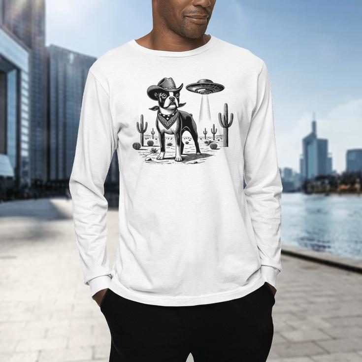 Vintage Boston Terrier UFO Western Wild West Dog Mom Dad Men's Long Sleeve T-Shirt, gift for family, gift for coworker