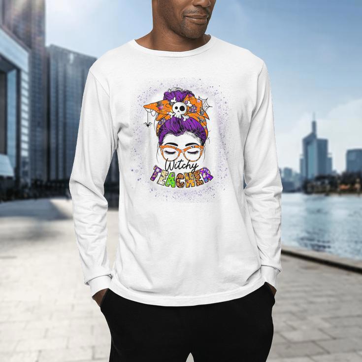 Witchy Teacher Halloween Messy Bun Teacher Bleached Men's Long Sleeve T-Shirt, gift for family, gift for coworker