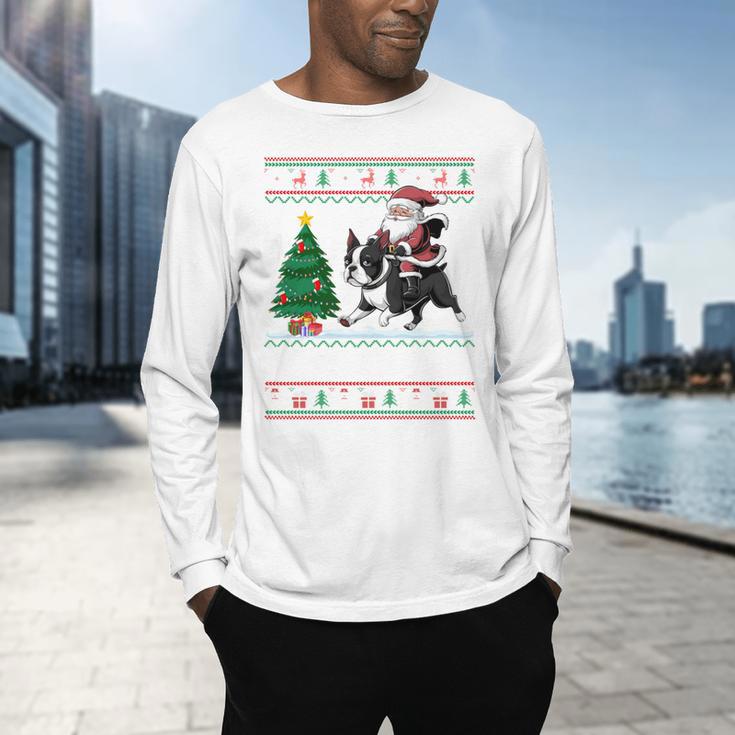 Xmas Tree Lighting Santa Riding Boston Terrier Christmas Men's Long Sleeve T-Shirt, gift for family, gift for coworker